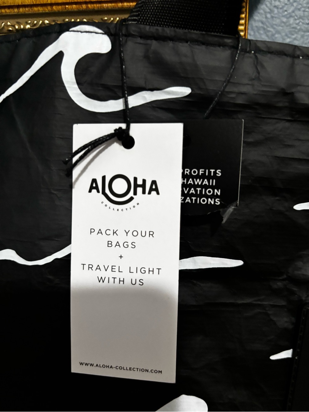 ALOHA Collection Black Tote with White Wave Print and Light Blue Lining - Picture 6 of 12
